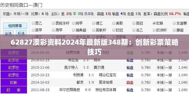 62827澳彩资料2024年最新版348期：创新彩票策略技巧