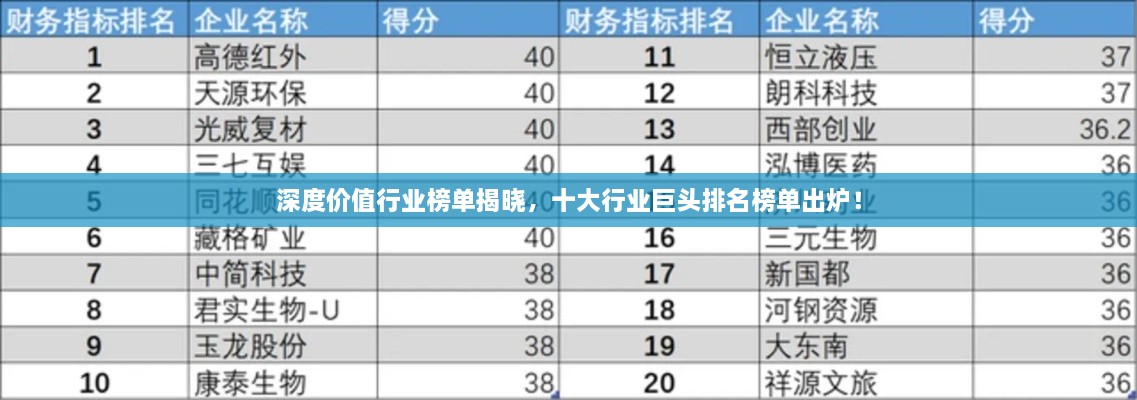 深度价值行业榜单揭晓，十大行业巨头排名榜单出炉！